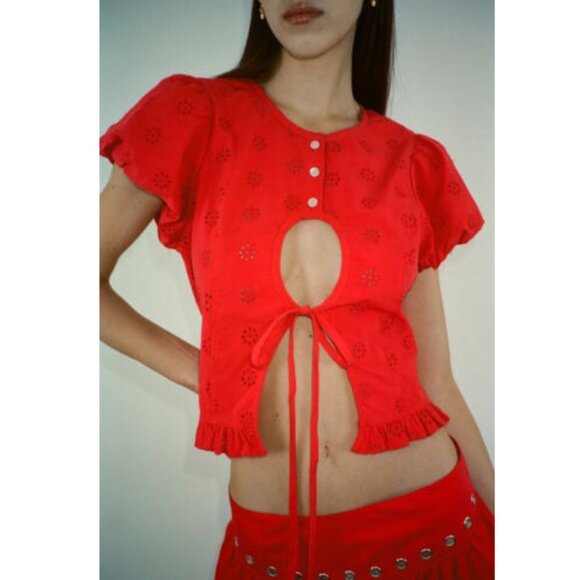 Sandy Liang Cameo Blouse Top Eyelet Embroidered Ruffle Red Cotton M-8 New 270756 - Picture 1 of 8